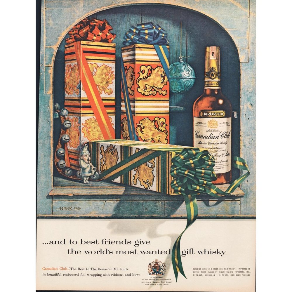 1959 Canadian Club Rye Whisky Vintage Print Ad Christmas Gift Box Wall Art 50s